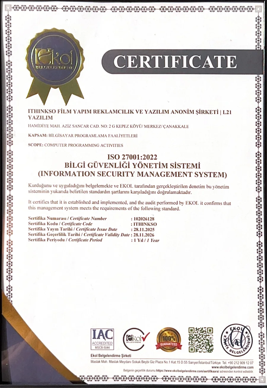ITHINKSO ISO 27001 2022 Bilgi Güvenliği Yönetim Sistemi sertifikası